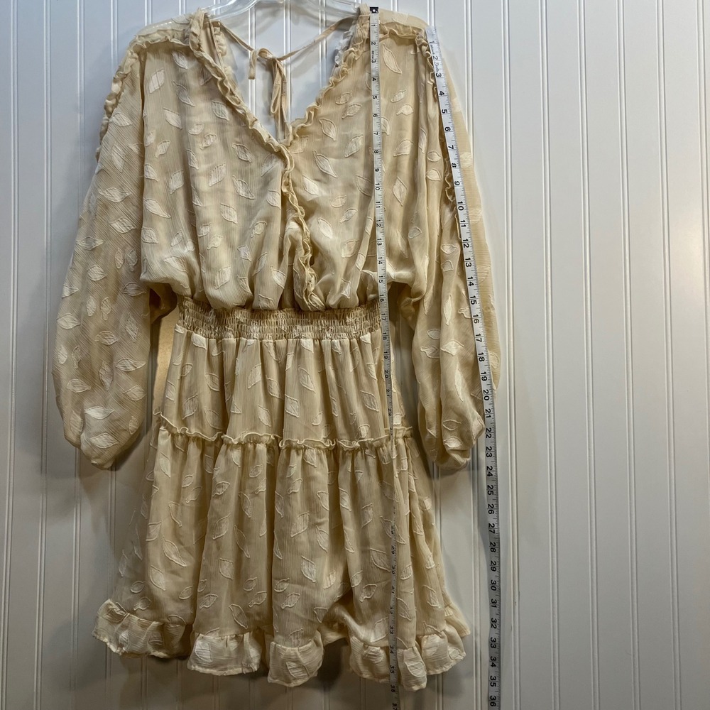 Peach Love California Cream Embroidered Leaf Smocked Tiered Mini Dress L Peasant - Picture 10 of 11